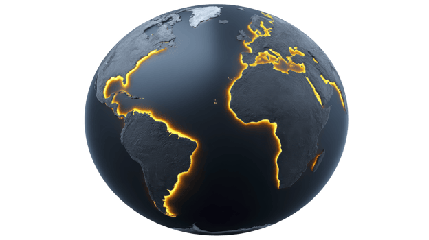 3D rendering of Earth highlighting tectonic plate boundaries with glowing lines, showcasing continents and oceans. image emphasizes geological features and dynamic nature of Earth crust png