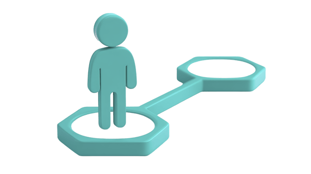 Teal 3D icon of person stands on connected platform, symbolizing networking or connection. design is simple and modern, with focus on connectivity and interaction png
