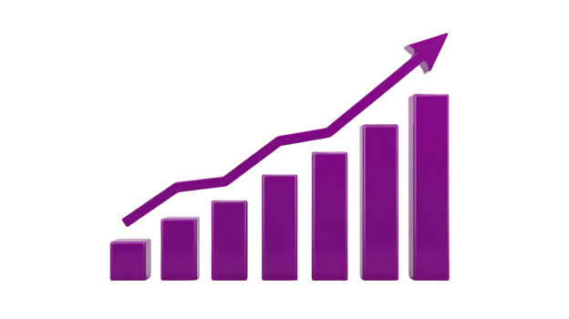 Purple 3D bar graph with upward trend arrow symbolizes growth and success in business or finance. bars increase in height from left to right, indicating positive progress png