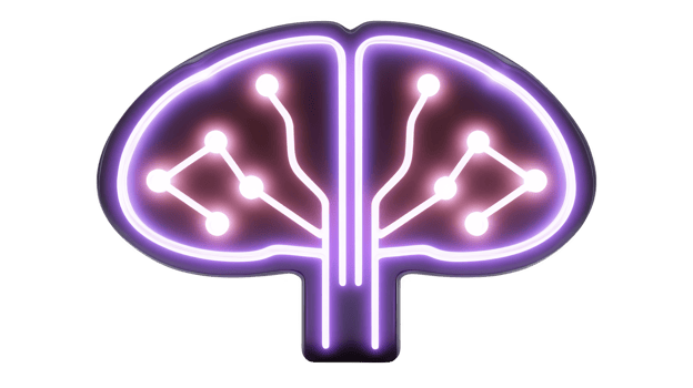 Glowing neon sign in shape of brain with circuit like patterns symbolizes fusion of technology and intelligence. vibrant purple and white colors create futuristic and innovative feel png