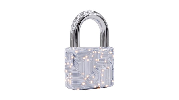 Digital padlock with circuit board design symbolizes cybersecurity and data protection. lock metallic finish and glowing circuit pattern convey futuristic and secure technology concept png