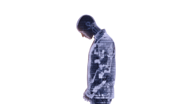 Digital silhouette of person with binary code overlay, symbolizing technology and data integration. image conveys futuristic and introspective mood, highlighting connection between humans png