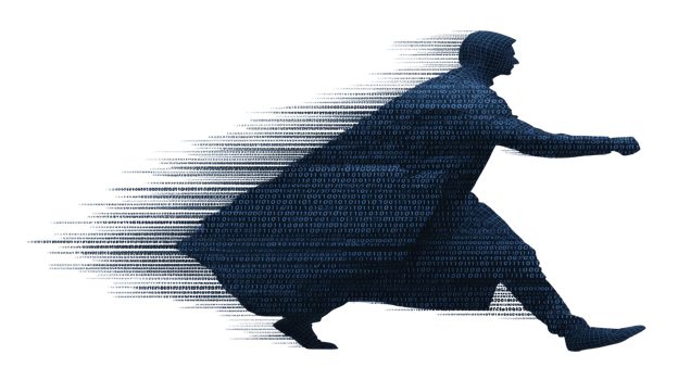 Silhouette of person running with digital effect, resembling binary code, creates dynamic and futuristic impression. motion blur adds sense of speed and technology png