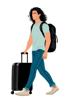 Young man walking with a suitcase and backpack vector