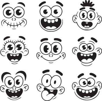 Cartoon faces with expressive eyes and wide smiles expressions vector