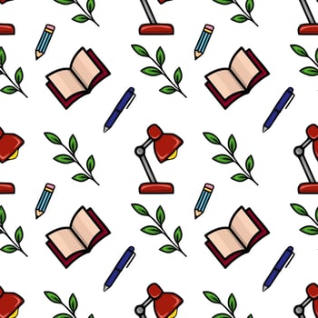 Seamless pattern featuring a whimsical arrangement of open books, red desk lamps, blue pens, pencils, and green leaves, creating a playful and educational backdrop. vector