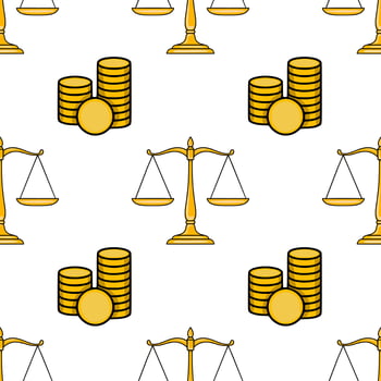 Seamless pattern of golden scales of justice and stacks of coins, symbolizing the balance of law and finance, perfect for legal or financial backgrounds. vector