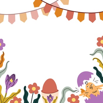 Easter frame with hatched chicken, egg and festive element. Square background for social media card, banner, invitation, seasonal print. Hand-drawn flat illustration. vector