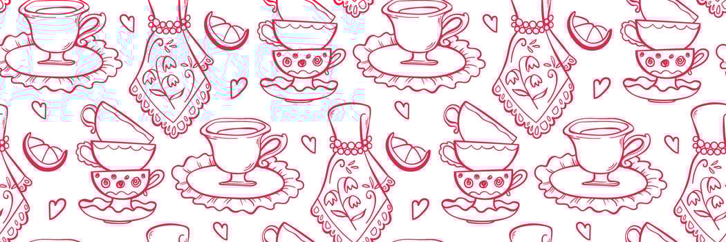 Vintage English tea party seamless Pattern. Porcelain cups set, lace napkins with embroidery and lemon. For packaging, fabric, stationery and branding. Hand drawn illustration in doodle style. vector