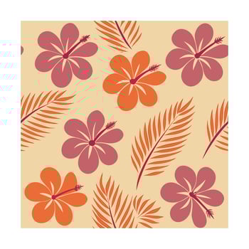 Coral pink hibiscus flowers orange leaves pattern on a beige floral vector