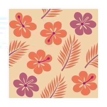 Coral hibiscus flowers leaves pattern on a beige decorative design orange purple vector