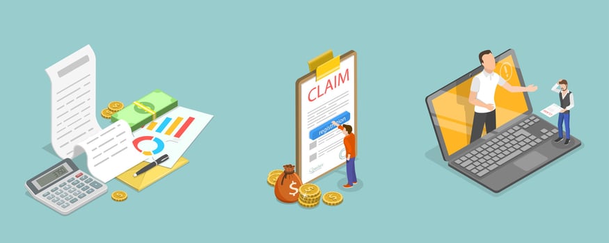 3D Isometric Flat Illustration of Registration Of Claim, Insurance Reimbursement vector