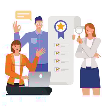 Quality illustration concept. Business people working in office. Businesswoman holding magnifying glass and checking the quality of work character design. vector
