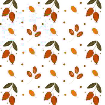 Autumn-themed pattern in warm colors with simple cute rose hips and falling leaves vector