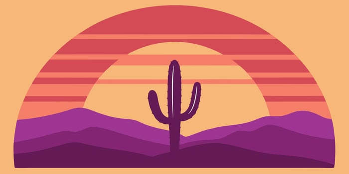 Silhouette a cactus with layered purple mountains a sunset arch in a desert scene vector