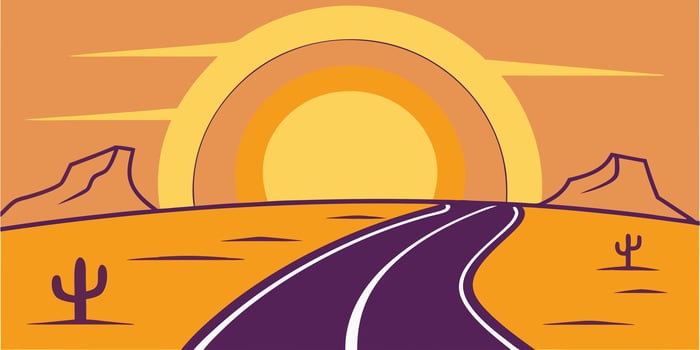 Stylized desert road sunset with mountains cacti in warm orange purple tones landscape vector