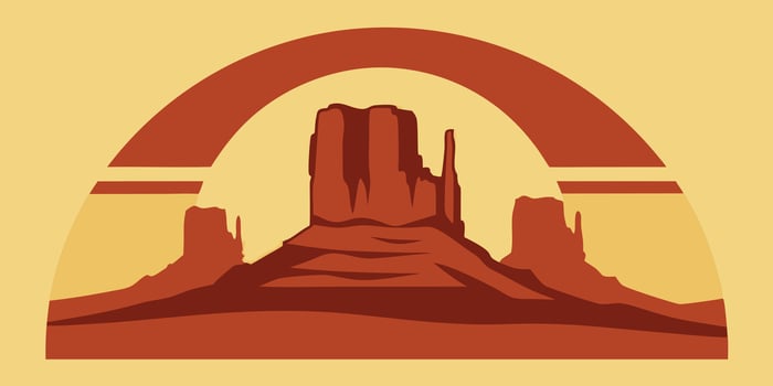 Flat Monument Valley landscape with red rock formations arch shape design graphic vector