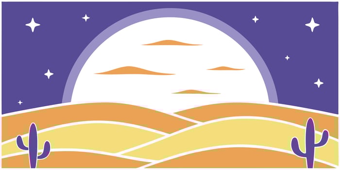 Stylized desert scene with cacti, rolling hills, stars, a large moon against a purple sky vector