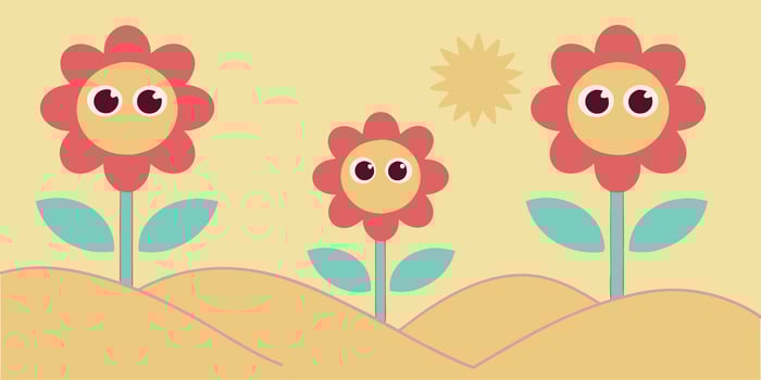 Whimsical cartoon flowers with faces in a desert landscape with a sun on a yellow vector