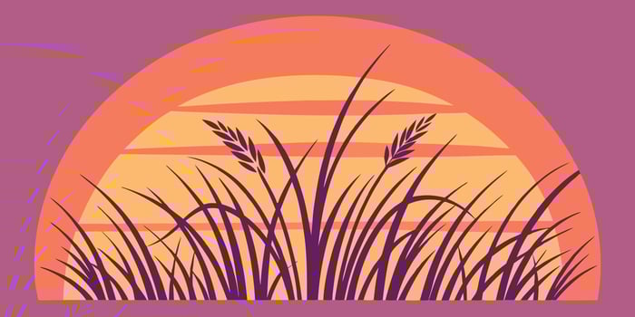 Graphic sunset behind tall purple grasses with orange sun purple sky Desertcore vector