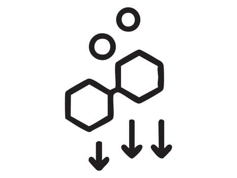 Black icon of hexagonal chemical compound with arrows and circles, isolated on white background, graphic illustration. concept of chemistry, science, molecular structure, icon, logo, design element. vector