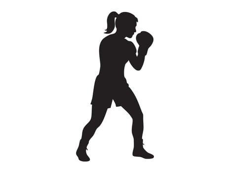 Black silhouette of female boxer in dynamic boxing pose, isolated on white background, graphic illustration. concept of woman athlete, combat sport, fitness, training, icon vector