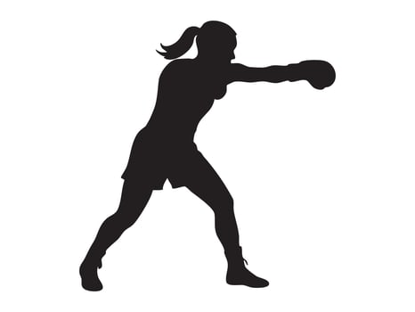 Black silhouette of female boxer in action pose, isolated on white background, graphic illustration. concept of boxing, sport, fitness, strong athlete, icon, logo, design element vector