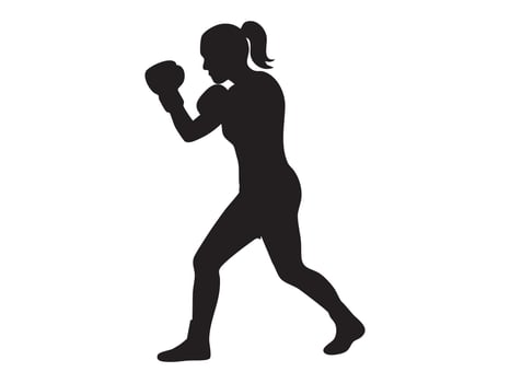 Black silhouette of female boxer in boxing stance, isolated on white background, graphic illustration. concept of fitness, strength, martial arts, sports figure, design element vector