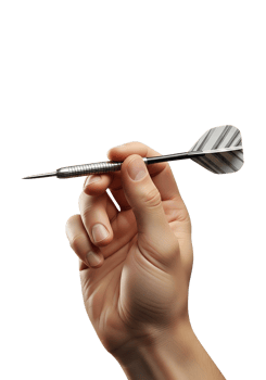Hand holding dart ready to throw, isolated on transparent background, target game concept, sharp metal tip, competitive sport, leisure activity png