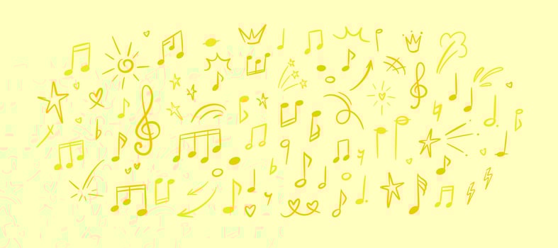Handwriting music note, key and symbol colorful background. Italian summer festival poster. Lime and lemon colored pattern. Childish crayon scribbles. Classic musician concert.Kindergarten and school vector