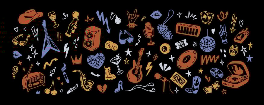 Rock n roll and punk music retro y2k style background. Hand drawn doodle illustration. Tattoo, sticker, icons and grafitti drawings. Emo goth grunge doodle. Fire, heart, star shape vector