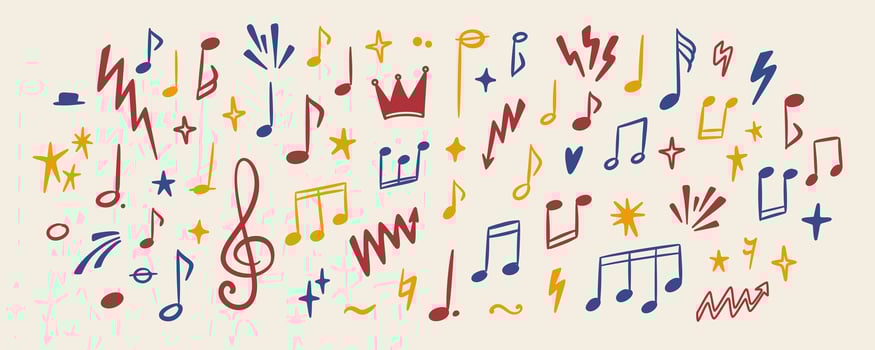 Hand drawn doodle music note background. Sketch illustration. Sound, magic, burst manga effect. Classic music, rock festival, punk concert poster. Kid drawing, crayon scribbles vector