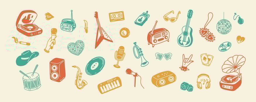 Retro music hand drawn doodle background. Old fashion rock and pop concert design elements and icons. 80s 90s y2k style nostalgia disco party, karaoke, festival sketch poster. Vinyl player vector
