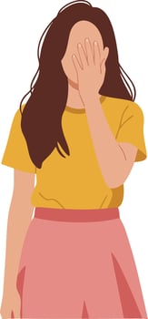 Woman covering face with hand wearing yellow shirt and pink skirt illustration of shy female portrait vector