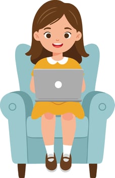 Young girl sitting on blue armchair working on laptop computer smiling happily indoors illustration vector