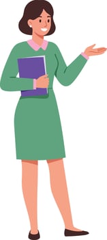 Woman in green dress holding folder presenting or explaining with smile business casual style illustration vector