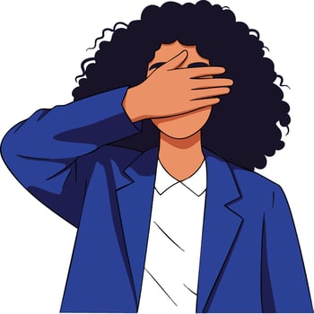 Woman covering face with hand wearing blue jacket and white shirt illustration of privacy concept and anonymity with curly hair vector
