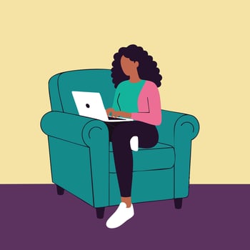 Woman working on laptop sitting on comfortable armchair in casual outfit at home or office environment vector
