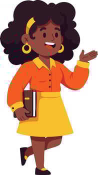 Young woman holding book smiling and gesturing in orange and yellow outfit illustration vector