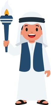 Young boy in traditional Middle Eastern clothing holding a burning torch smiling happily illustration vector
