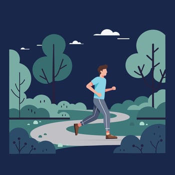 Man jogging on forest trail with green trees and evening blue sky scenic outdoor exercise activity vector