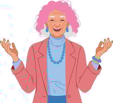 Elderly woman with pink hair smiling and welcoming gesture in stylish clothing illustration vector