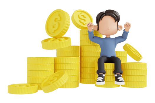 Successful 3d businessman sitting on money pile png