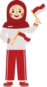 Woman Hijab Holding Flag Indonesian with Cartoon Design. vector