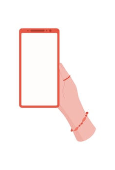 A hand holds a smartphone with a blank screen. The user presents mobile device in simple gesture. This image serves as perfect template for showcasing applications, communication, and technology. vector