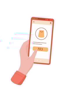 Hand holds a smartphone with a payment app open. User interacts with the device for online shopping. A person navigates the mobile application for making purchase, digital technology, social media vector