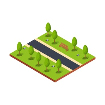 Isometric park design with pathway and trees vector