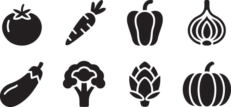 Black and White Vegetable Glyph Icon Set featuring Tomato Carrot Bell Pepper Onion Eggplant Broccoli Artichoke and Pumpkin vector