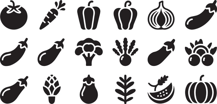 Black and White Vegetable Glyph Icon Set featuring Tomato Carrot Bell Pepper Onion Eggplant Broccoli Beet Artichoke Pumpkin Watermelon and More vector