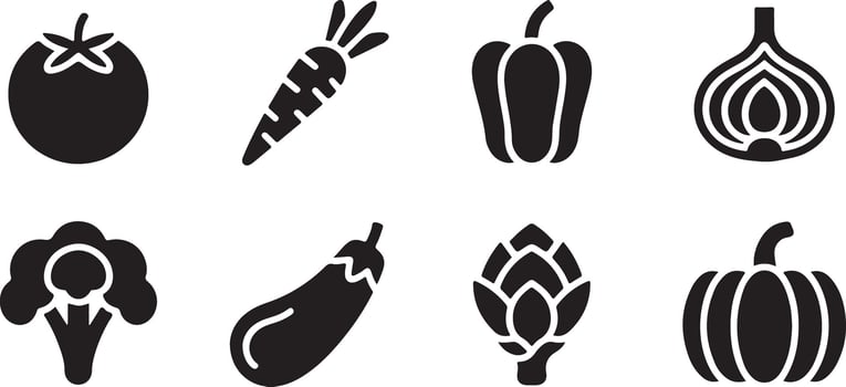 Black and White Vegetable Glyph Icon Set featuring Tomato Carrot Bell Pepper Onion Broccoli Eggplant Artichoke and Pumpkin vector